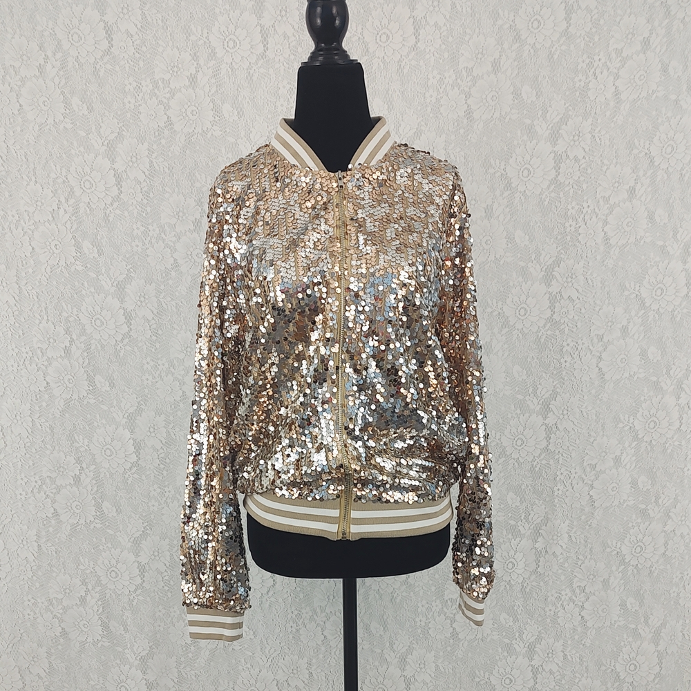 Anna-Kaci Womens Sequin Gold Bomber Coat Jacket Medium